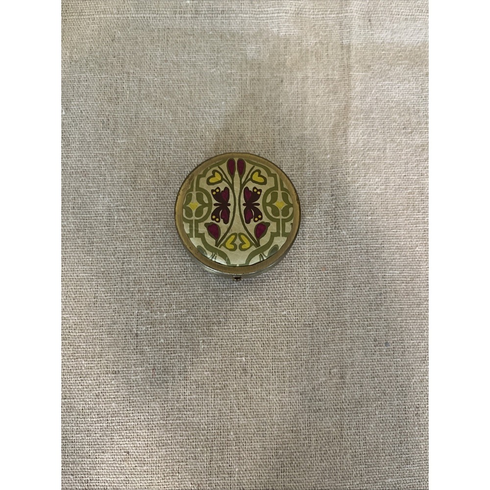 Fossil Decorative Pill Box Trinket Case Metal Leather top floral Estate find